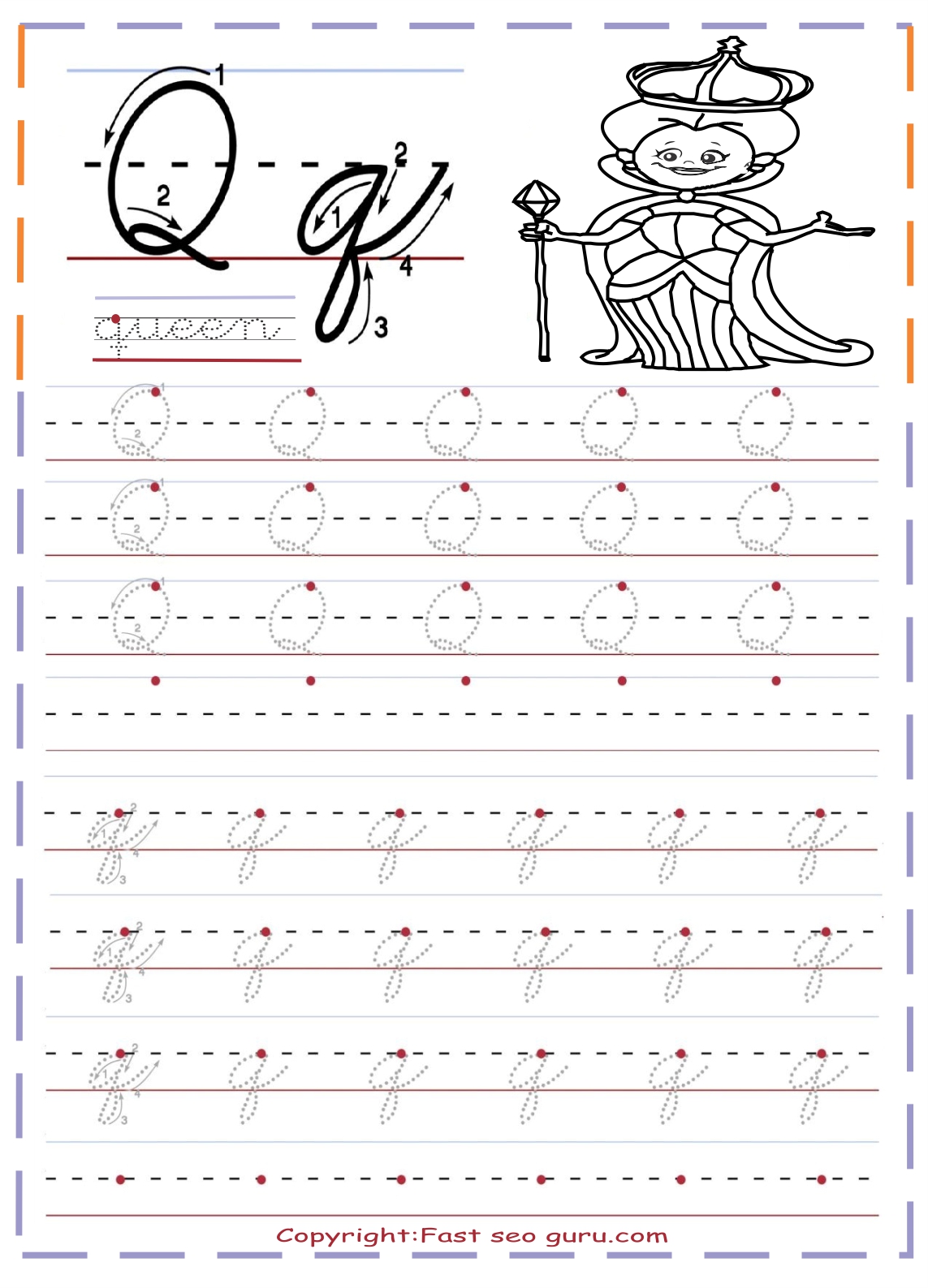 cursive handwriting tracing worksheets letter q for queen